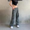 Y2K High Street Denim Cargo Pants Women Gray Big Pocket Slim Female Straight Pants High Waist Vintage Casual Lady Baggy Trousers