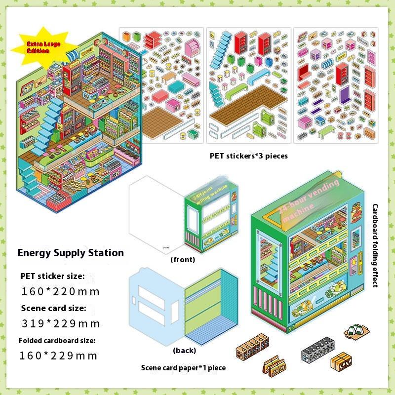 Plus Size Retro Esports Room Flip Cover Landscape Sticker Diy 3D Dopamine Color Cabin Miniature Scene Sticker Gift For Kid Child