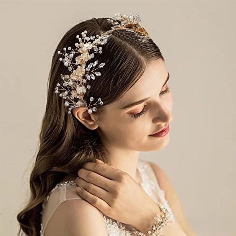 Gorgeous Beaded Bride Wedding Tiaras Flower Pearl Bridal Headwear Rhinestone Alloy Flower Headbands Hair Accessories