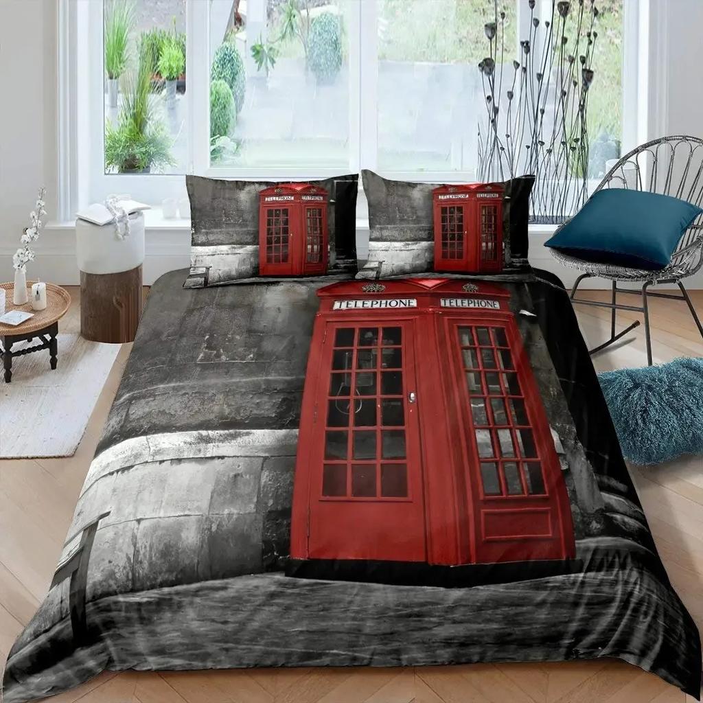 Big Ben Comforter Cover Boys Famous Telephone Booth Bedding Set for Teens Retro London Cityscape Duvet Cover Set with Pillowcase