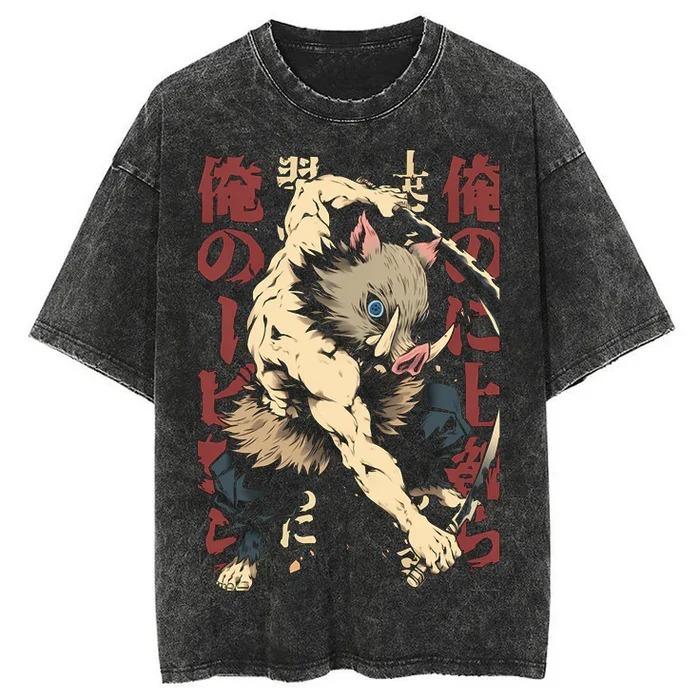 Hashibira Inosuke Print T-Shirt Dämonentöter Anime Übergroße Kleidung Herren Damen Baumwoll-T-Shirts Retro Gewaschenes Tee Harajuku Tees Damen Herren Kleidung