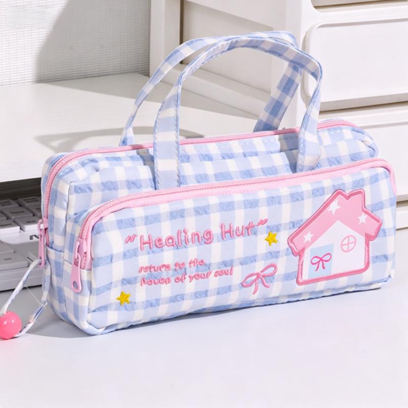 Cute Checkered Pencil Case, Quilted Handheld Stationery Bag with Cute House Embroidery