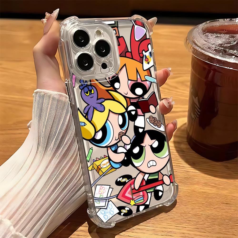 Cute P-Powerpuffs Girls Phone Case for IPhone 16 15 14 13 12 11 Mini Pro Max X XR XSMax 7 8 Plus Shockproof Transparent Cover