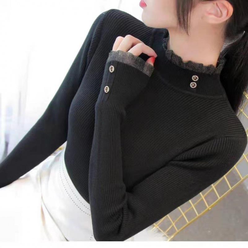 

Женский свитер-полуводолазка из кружевной вязки 2024 года - топ с длинными рукавами на осень/зиму One Size чёрный