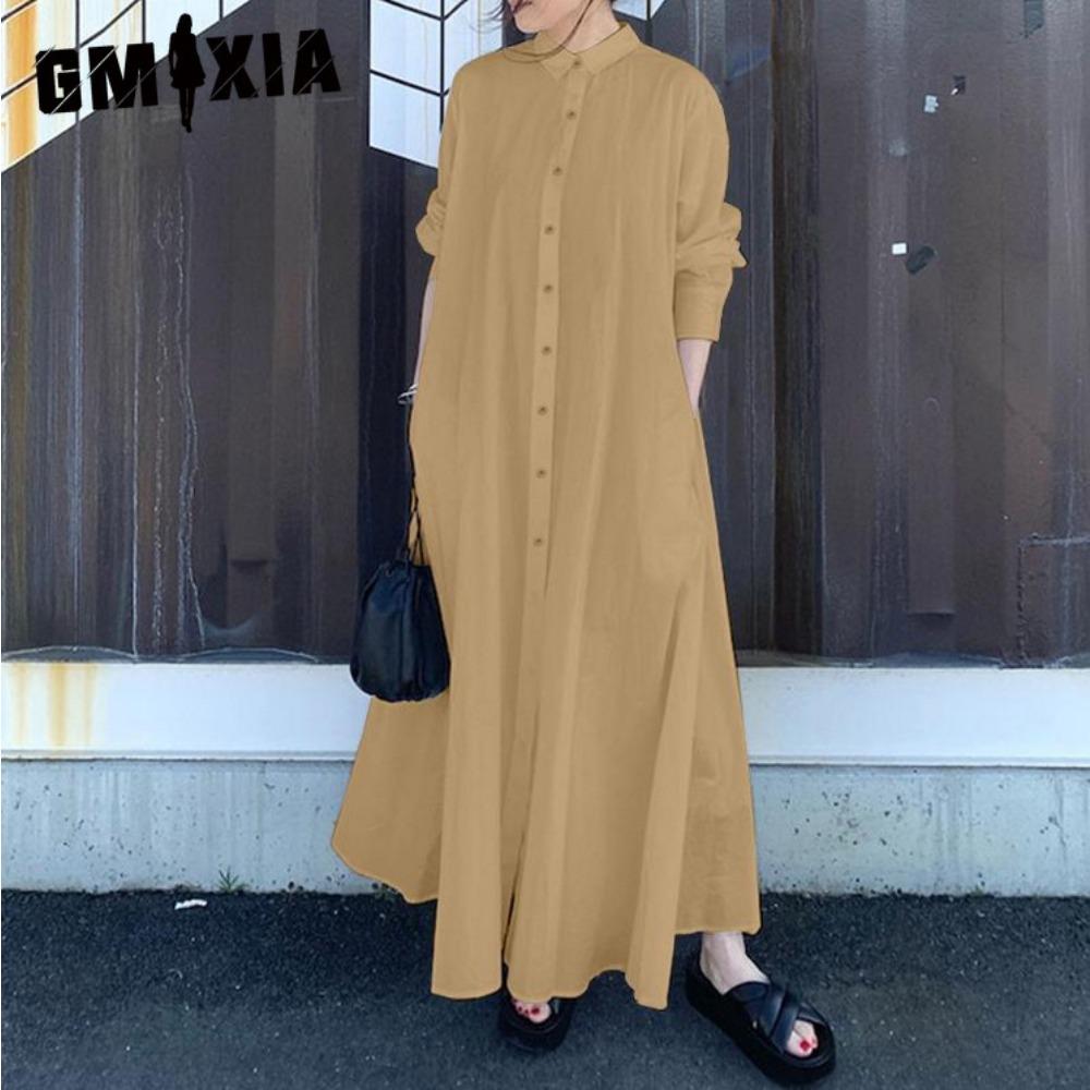 

GMXIA Женские модные летние весенние однотонные повседневные платья с длинными рукавами и воротником-поло с принтом