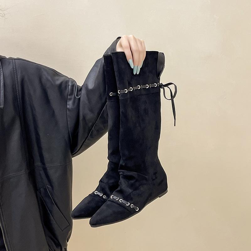 Retro Suede Lace-up Splicing Stacking Boots Women's Autumn and Winter Design Sense Pointed Buckle Metal Buckle Western Boots Knight Boots