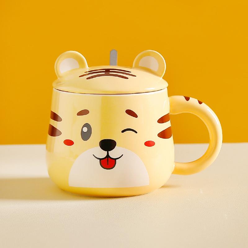 Cartoon Super Cute Little Tiger Mug Tiger Year Ceramic Water Cup with Lid and Spoon Home Office Breakfast Coffee Cup