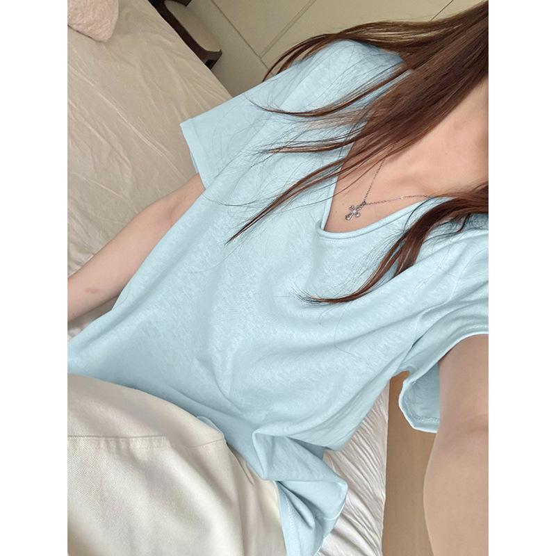 Spring and summer new products loose V-neck snowflake cotton lazy loose wind short-sleeved t-shirt versatile solid color casual ins top