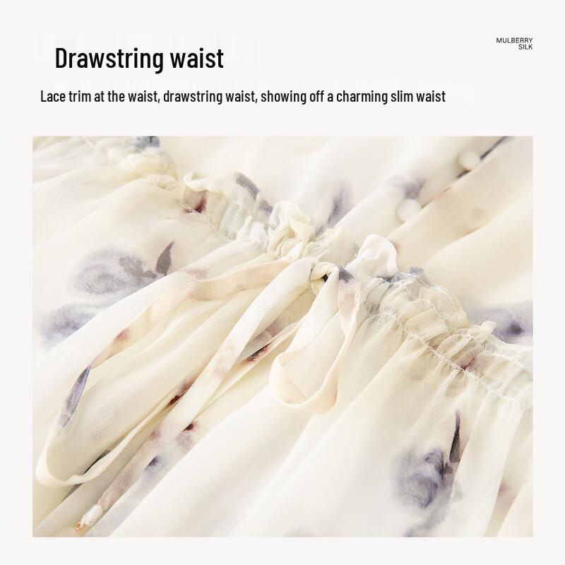 TUHUANG 100% morušové hedvábí V-výstřih Květinové georgette Maxi šaty