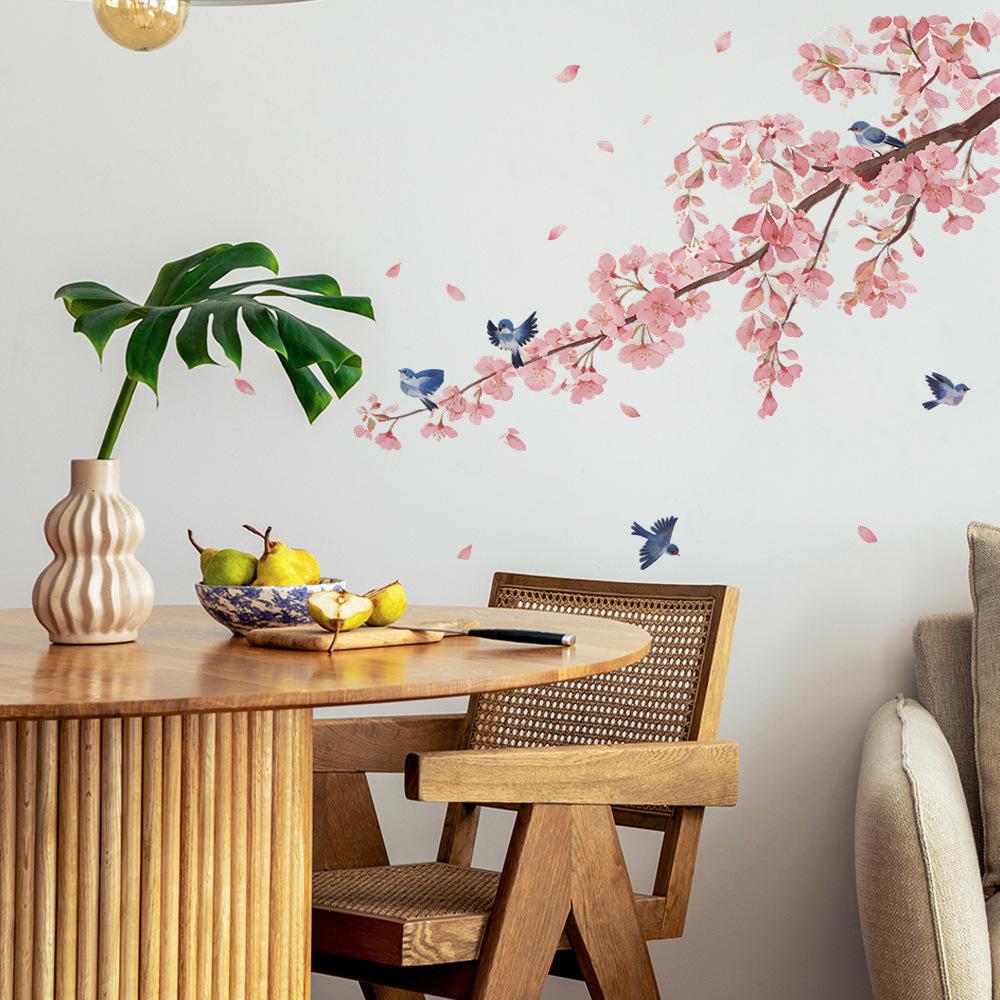 Watercolor Cherry Blossom Branches and Magpie-themed Wall Stickers for Home Decoration In Living Room