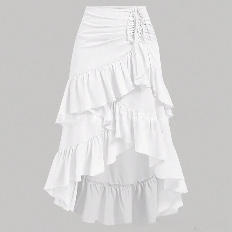 Gonna Lunga Casual da Donna a Strati con Ruffle e Orlo Irregolare, Vita Regolabile