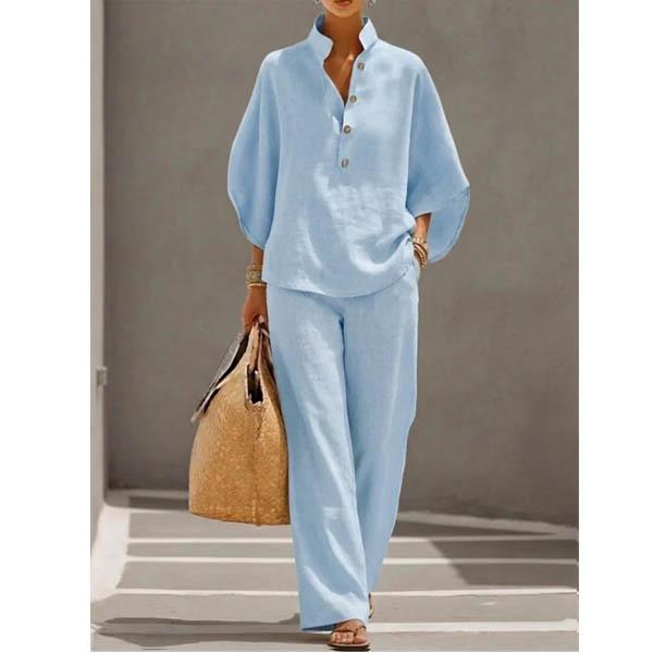 Completo Casual da Donna con Camicia Monocolore a Manica Lunga e Pantaloni in Cotone e Lino