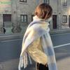 Korean Style Women's Winter Fluffy Blue & White Plaid Scarf - Shawl Thickened Warm Long Plush Neck Warmer