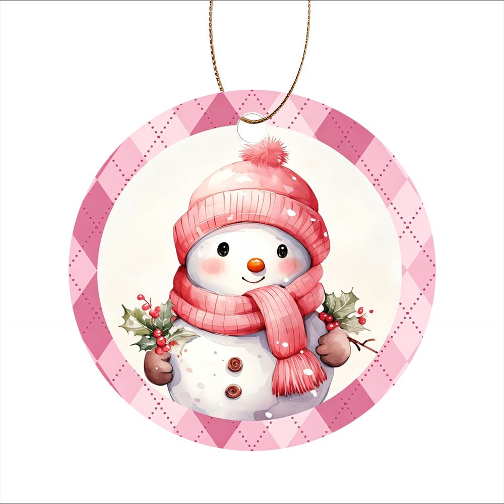 Cute Pink Winter Snowman Plaid Design Acrylic Christmas Tree Ornament Festive Holiday Home Decor Xmas Tree Hanging Pendant New Year Party Decoration
