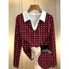 Plus Size, Navy Blue Polo Shirt for Women with White Polka Dot Print, New Spring/Autumn Slim Fit V-Neck Base Layer Top