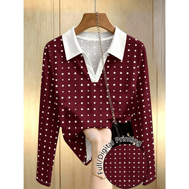 Plus Size, Navy Blue Polo Shirt for Women with White Polka Dot Print, New Spring/Autumn Slim Fit V-Neck Base Layer Top