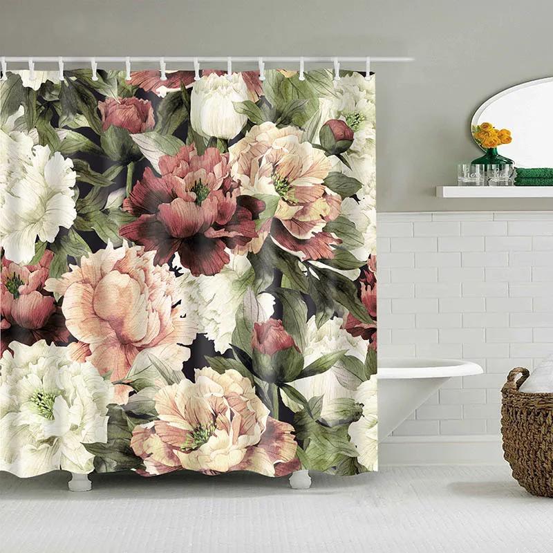 Watercolor Flower Shower Curtain, Vintage Plum Blossom Tropical Plant Green Leaf Bird Elegance, Bathroom Decor Set With Hooks