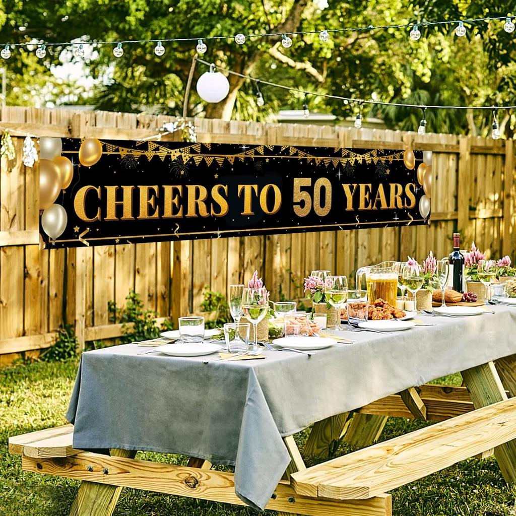 50th Birthday Decorations for Women & Men - Black Gold 118"x20" Extra Large "Cheers to 50 Years" Banner, Over The Hill Party Decor Indoor Outdoor, 50