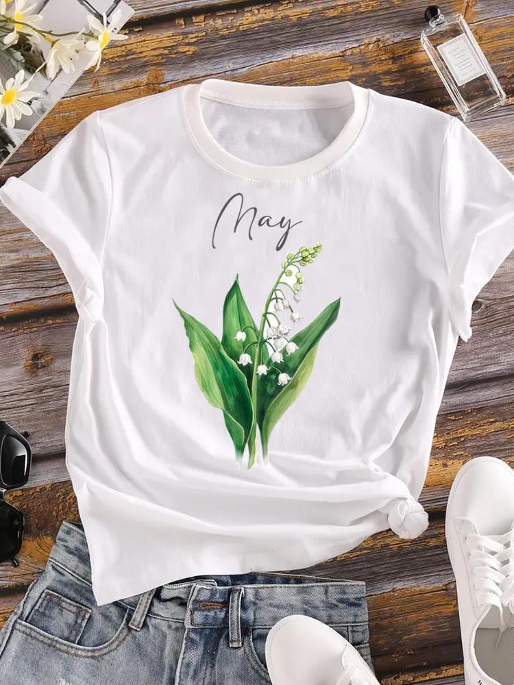 (Asian Size)  Tee Women Clothing Flower Lovely Trend Cute Casual Top Short Sleeve T Shirt Fashion Print Lady Female Graphic T-shirts