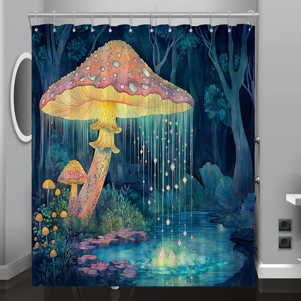Mushroom Forest Shower Curtain, Vibrant Digital Print, Sparkling Lights, Machine Washable, All-Season Polyester Bathroom Decor