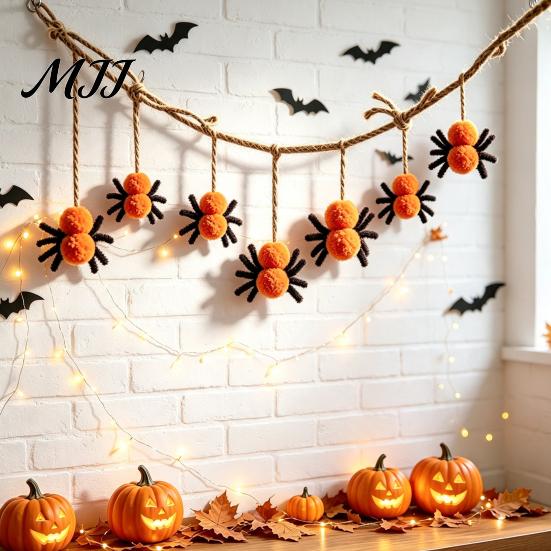 Cute Spooky Party Decorations 78 Inch Halloween Hanging Spider Banner, Mini Black Orange Plush Decor Pom Garland for Party, Fireplace, Wall