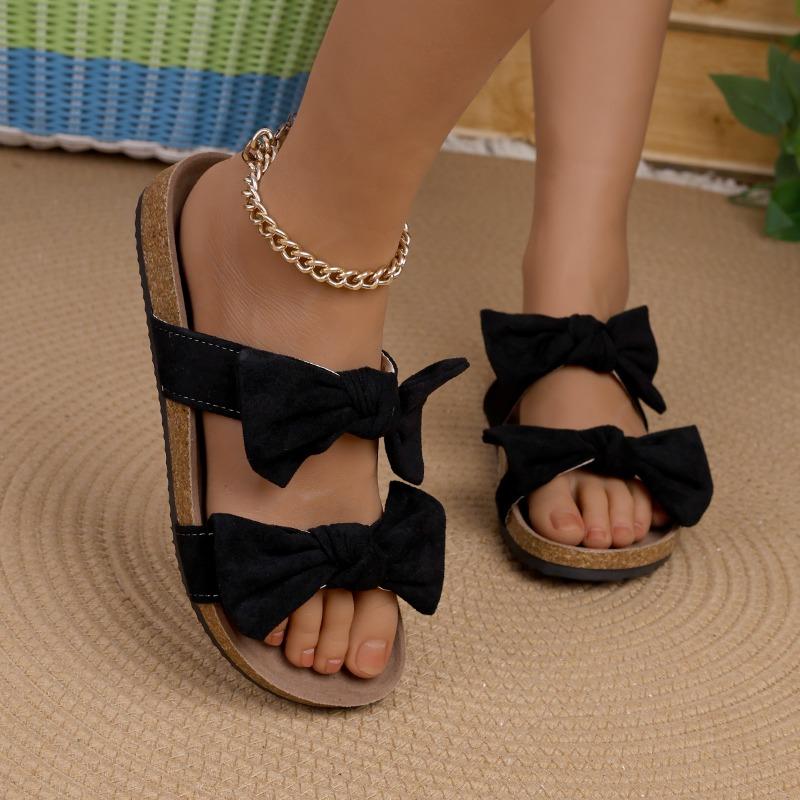 

Plus Size Flats Women Summer New Round Toe Peep Toe Suede Bow Soft Sole Non-Slip Wear-Resistant Roman Flip-Flops 36 чорний
