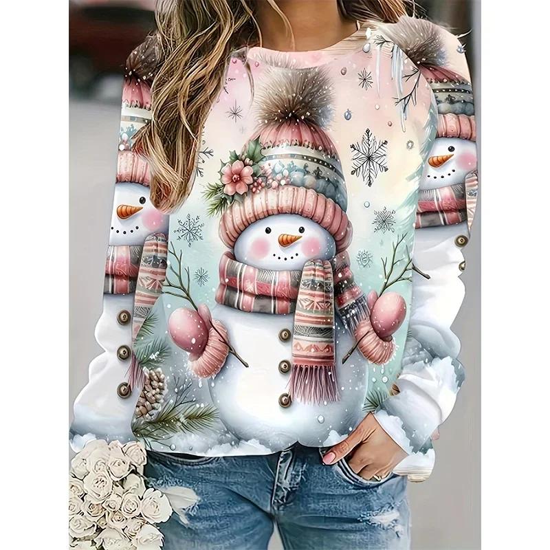 Christmas Snowman 3D Printed Sweatshirt Women's Fashion Casual Street Style Crew Neck Hoodie Y2k Pullover Harajuku Style Top Wom