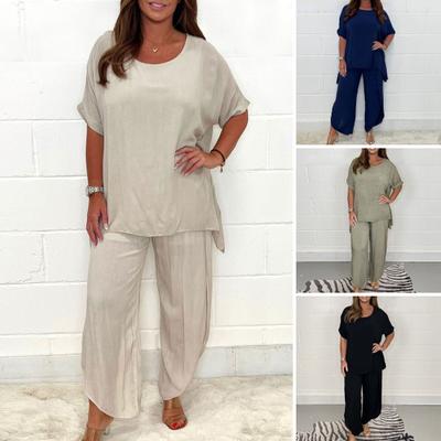 2 Pcs/Set Ankle Length T-shirt Trousers Set Elastic Waist Trendy Plus Size Women Pants