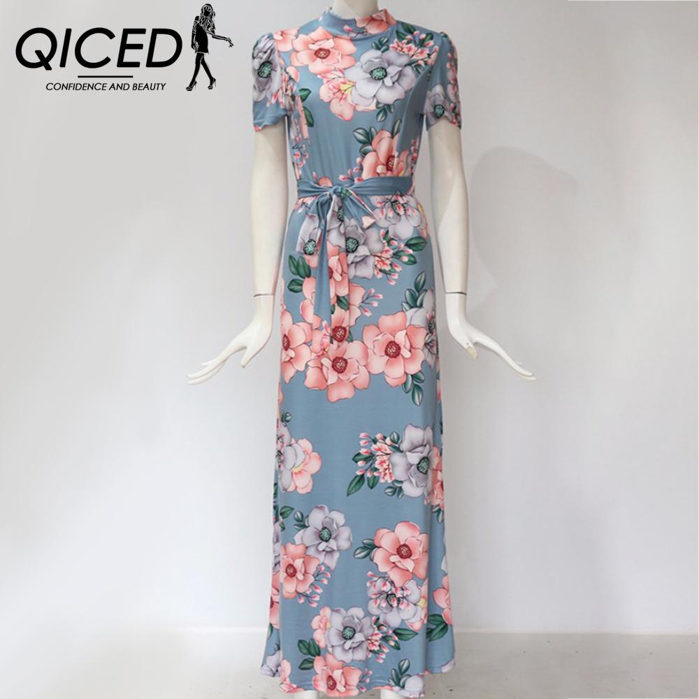 QICED Rochie de vară pentru femei până la podea, cu mânecă scurtă cu imprimeu floral, cu gât rotund, rochii casual