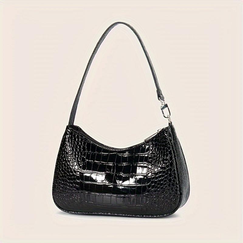 Chic Black Crocodile Embossed Patent Lady Tote Bag, Minimalist Glossy Underarm Shoulder Purse, Casual Commuter Handbag for Women