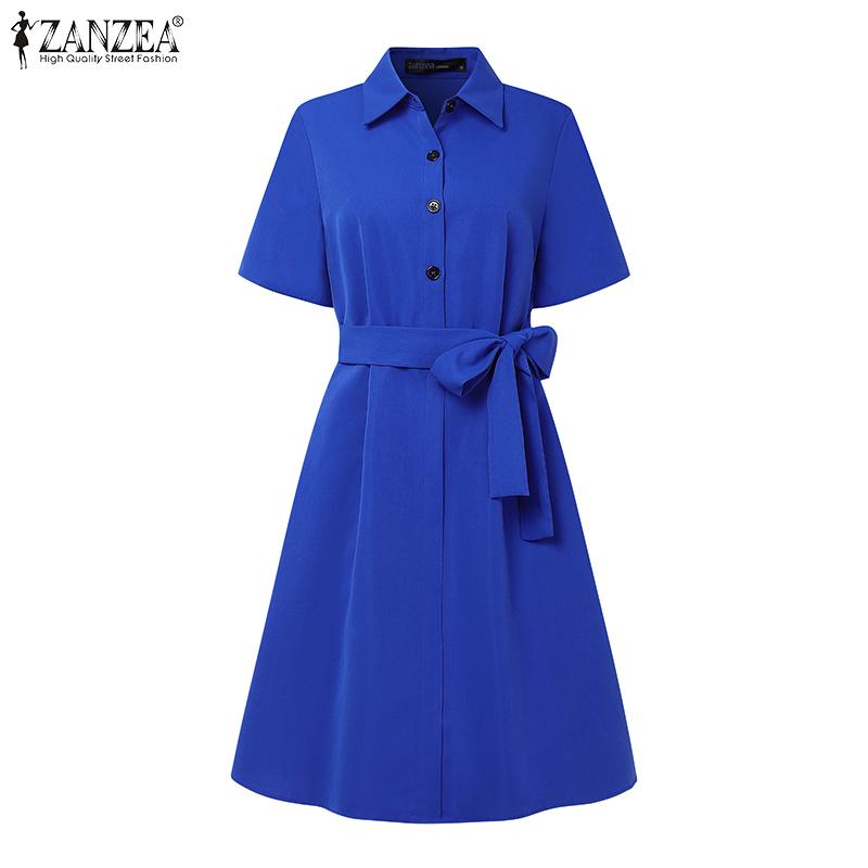 ZANZEA Women Casual Turn Down Collar Loose Short Sleeve Shirt Dress