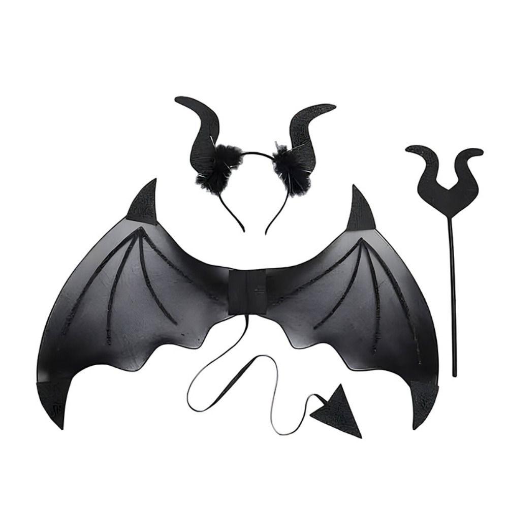 Devil Halloween Costume Cosplay Props Realistic Demon Horn Hair Band Bat Wings with Tail  Kids