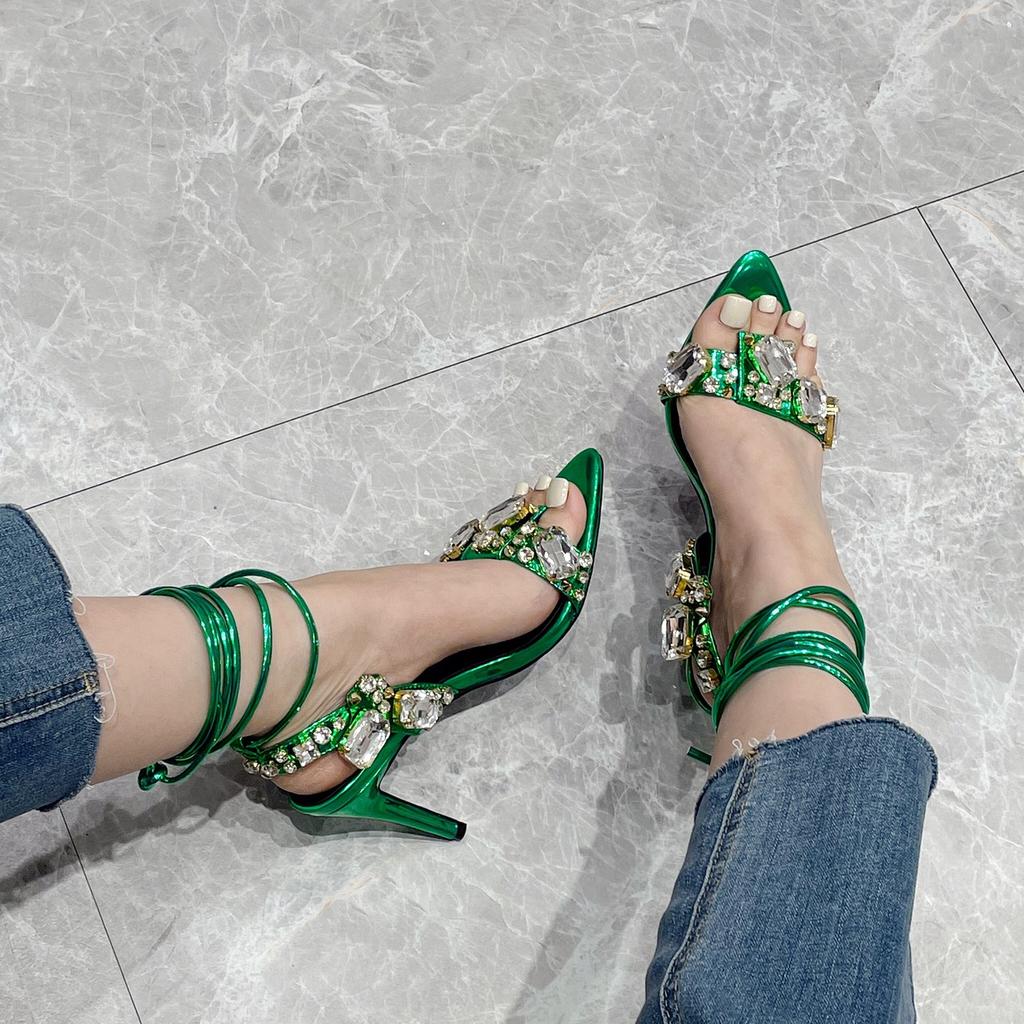 2025 summer new European and American fashion rhinestone gem pointed stiletto open-toed catwalk banquet women's sandals