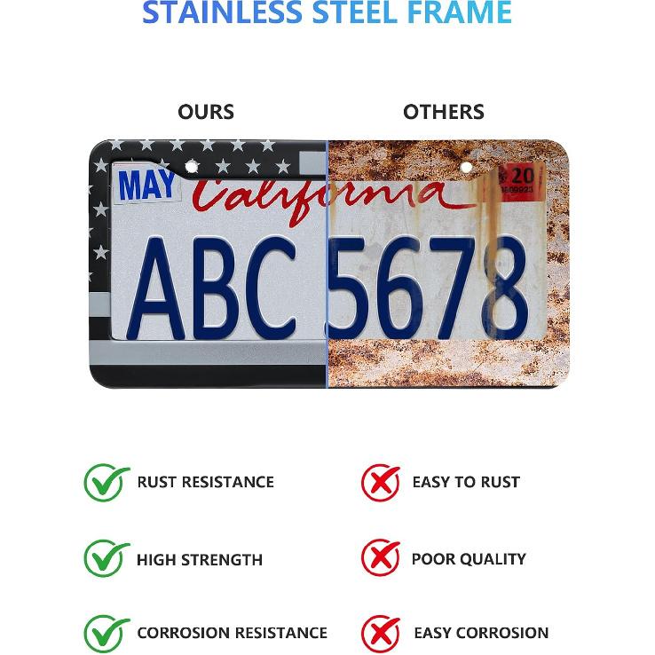 American Flag License Plate Frames - 2 Pack Black Stainless Steel Front Rear Car Tag Frames Printed With Patriotic USA Flag Pattern, With Decals