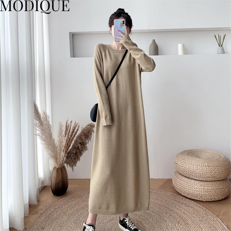 

MODIQUE осень зима больших размеров женщины свободные основы однотонное вязание минималистичный свитер длинные платья женский оверсайз повседневный с длинным рукавом О-образный вырез
