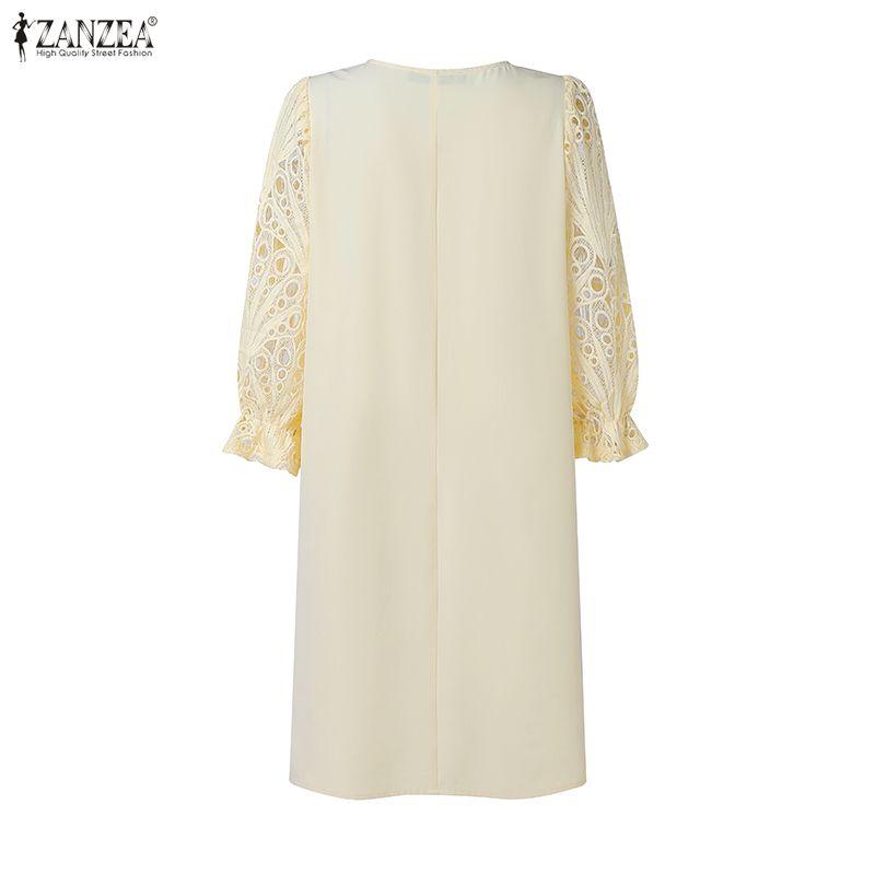 ZANZEA Women Casual V-Neck 3/4 Sleeve Patchwork Lace Dress