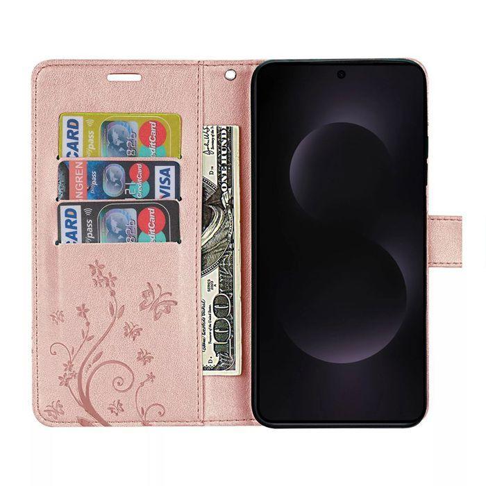 Coque de Protection - BOOLING - pour Samsung Galaxy S25 Edge - Rabat Synthécuir Motif Papillon Rose