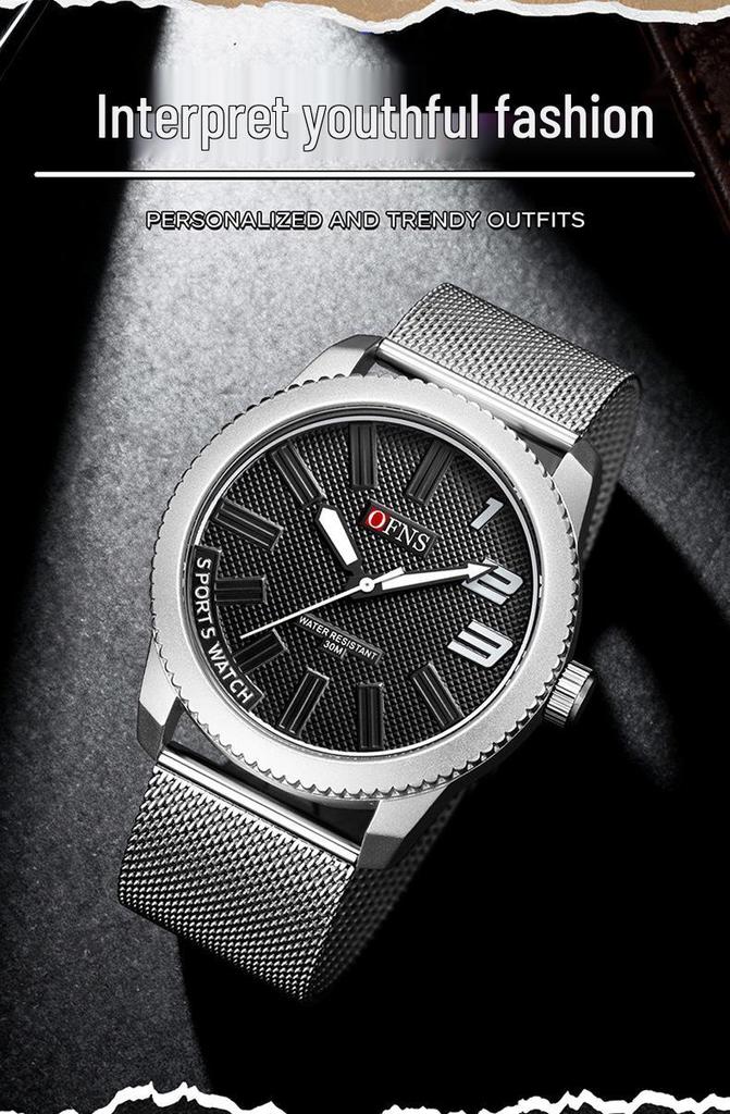 OFNS Men's Ultra-thin Quartz Wristwatch with Rotating Bezel and 3D Markers
