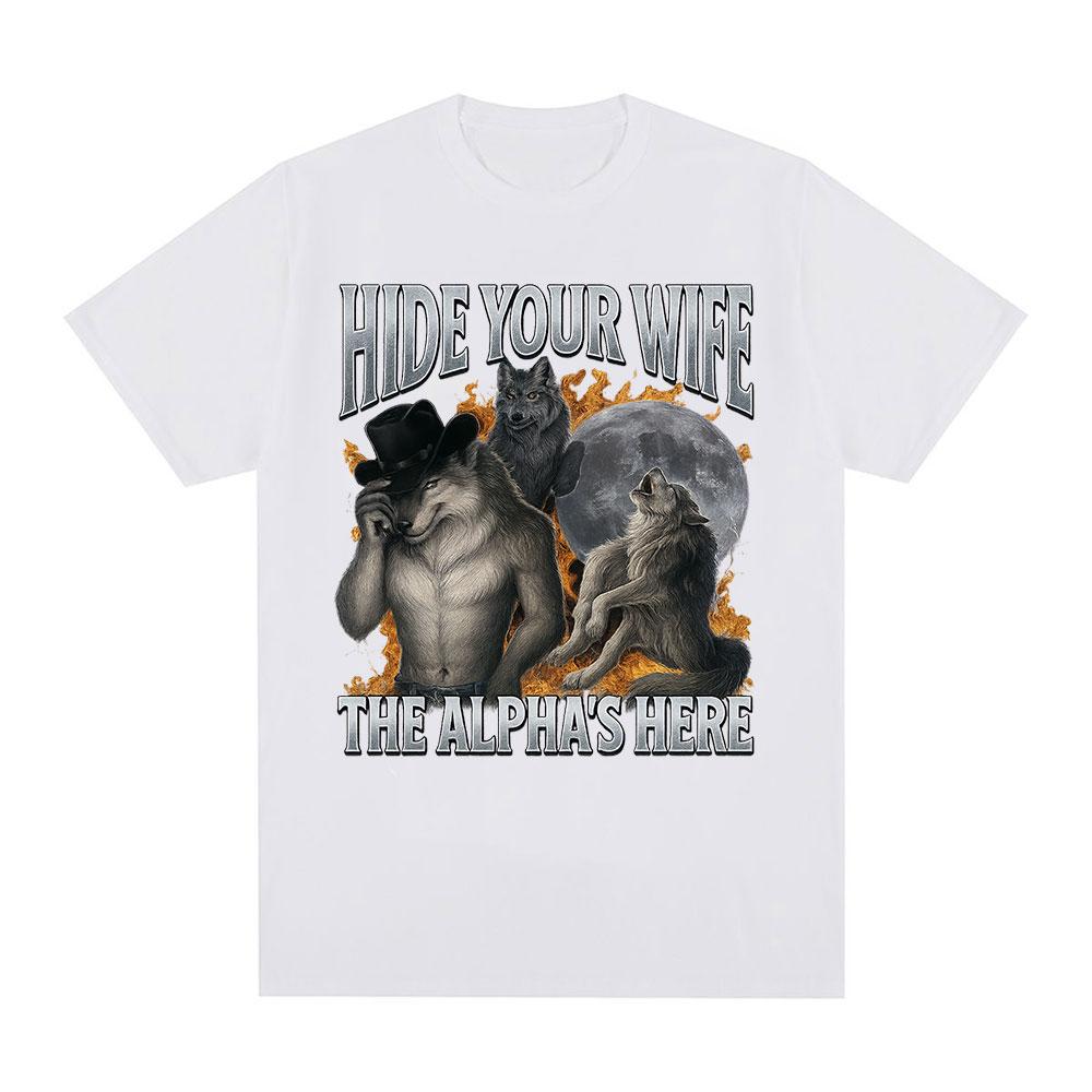 Hide Your Wife Alpha Here. Fun Werewolf Emoji Graphic T-shirt for Men. Fashionable Hip-hop Casual Cotton Short-sleeved