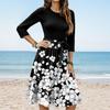 Women's Fashion Casual Waistband Seven Sleeve Round Neck Floral Flowy Dresses
