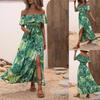 Women's Summer Maxi Dress One Shoulder Collar Sleeveless Printed Long Dress Loose High Waist Belt Slit Ankle-Length Dresses