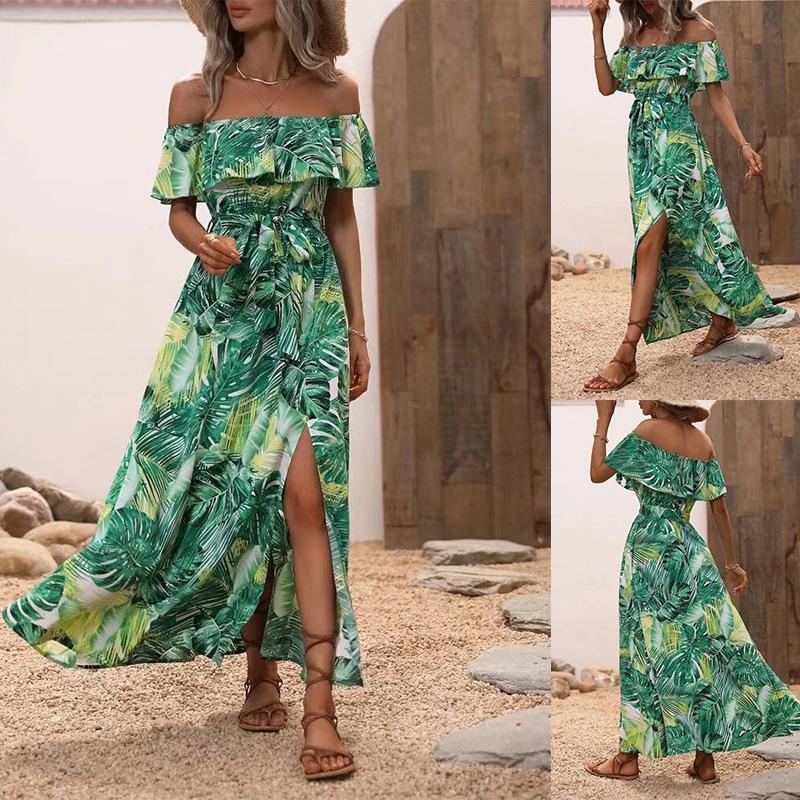 Women's Summer Maxi Dress One Shoulder Collar Sleeveless Printed Long Dress Loose High Waist Belt Slit Ankle-Length Dresses