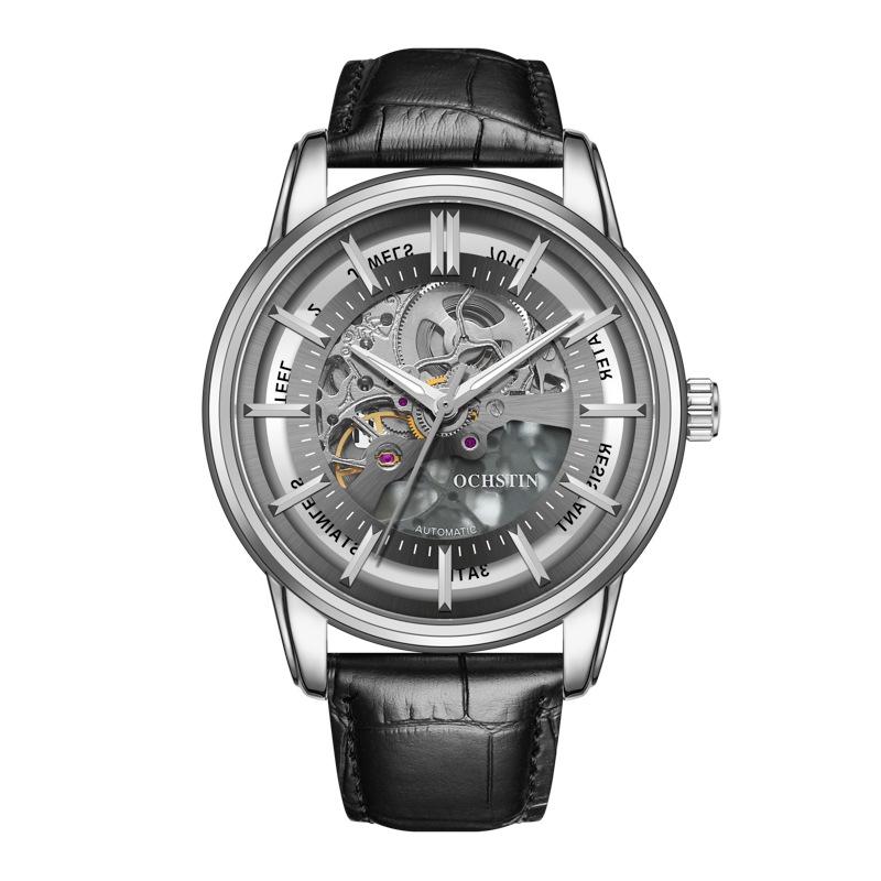 OCHSTIN Men's Skeleton Mechanical Watch - Genuine Leather, Waterproof, Fashionable Business Casual Wristwatch