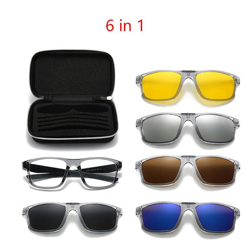 Polarized Black clip Sunglasses For Men UV Protection Retro Square Full Transparent Grey Frame Magnetic Sunglasses