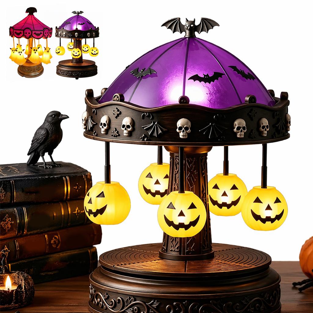 Ghost Carousel Night Light Antique Copper Base Stained Glass LED Vintage Lamp Rechargeable Bedside Lamp for Home Bedroom Kitchen