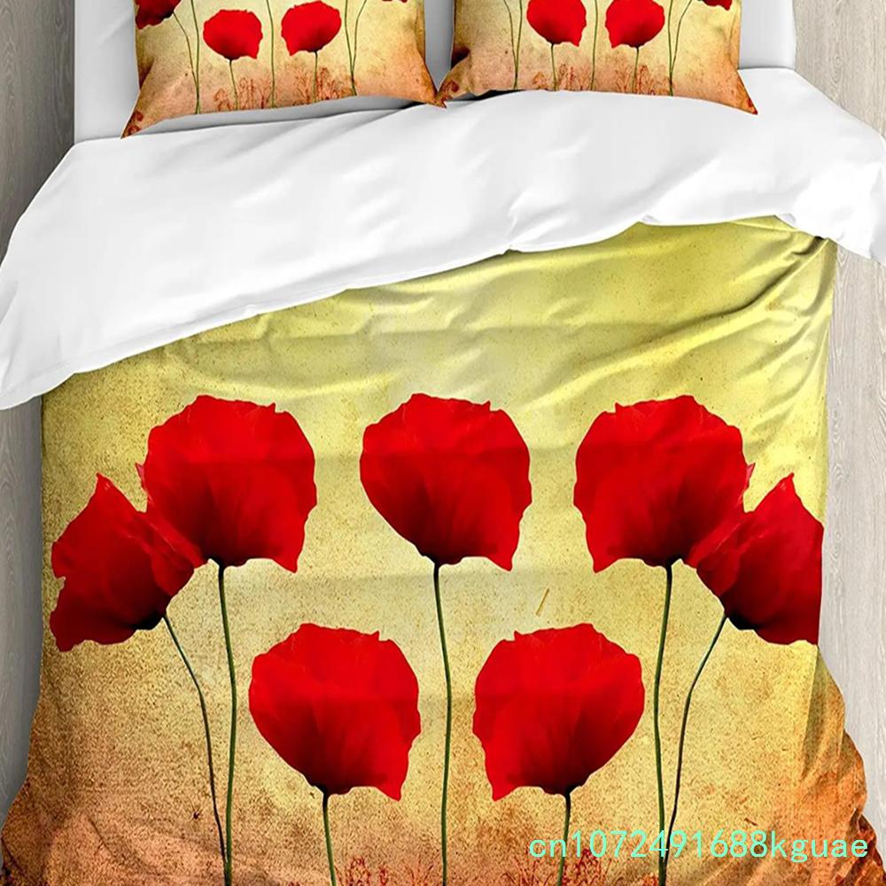Juego de Cama Floral Edredón Funda Nórdica Fundas de Almohada Amapolas de la Temporada de Primavera Flores Pastorales Cubierta de Cama Bot Juego de Cama Doble
