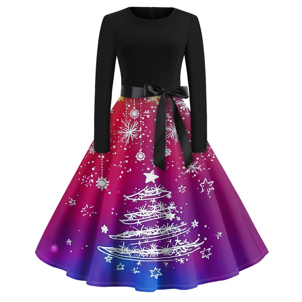 Damen Vintage Classic Kleid Langarm Weihnachtsdruck Rundhals Swing Kleid