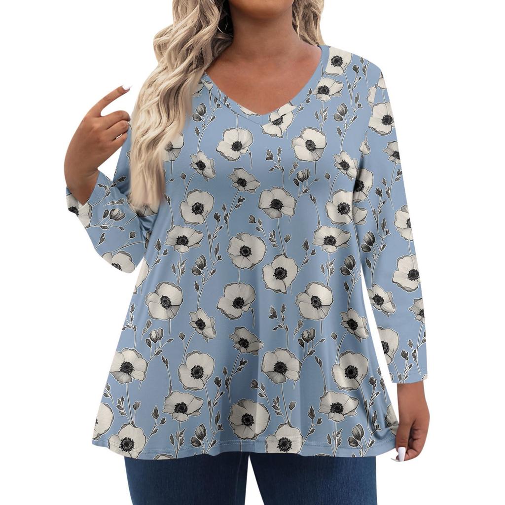 Women's Fashionable Casual Long Sleeved Plus Size Floral Print Top Plus Size Floral Print Top