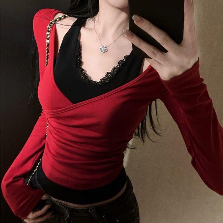 Women's Sexy Red Lace Halter V-Neck Two-Piece T-Shirt