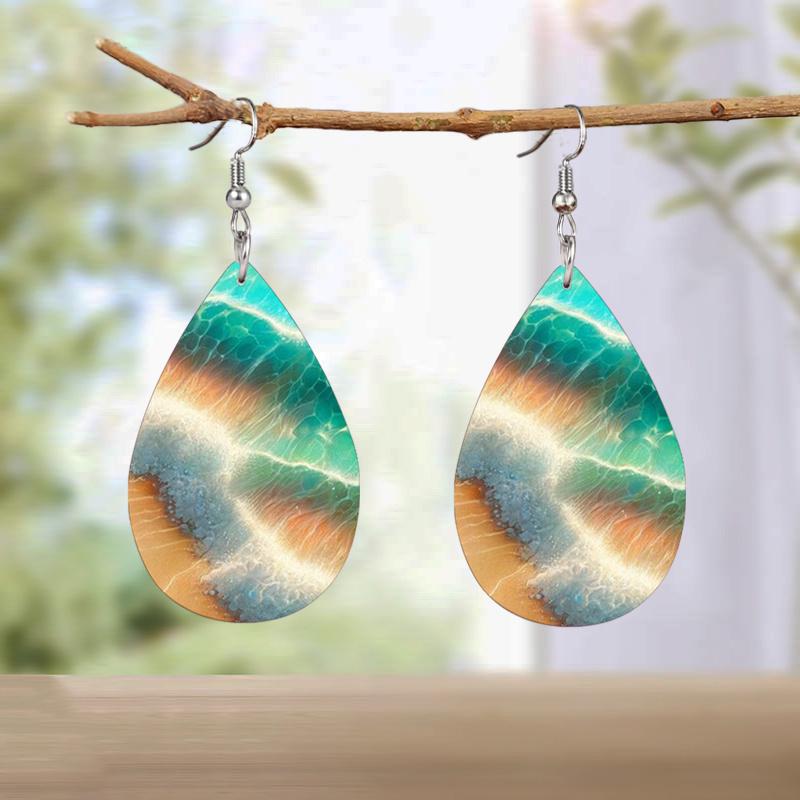 Kolczyki ze skóry PU z wzorem zachodu słońca nad oceanem / fal morskich na plaży, dwustronny nadruk, lekkie wiszące kolczyki dla kobiet, do codziennego noszenia, prezent świąteczny